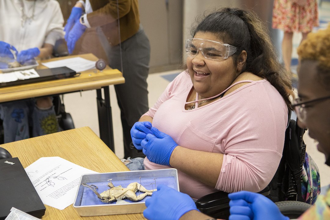 Henry Viscardi School Student wearing safety glasses and blue latex gloves in a wheelchair smiling as she works on the anatomy of a dissected frog