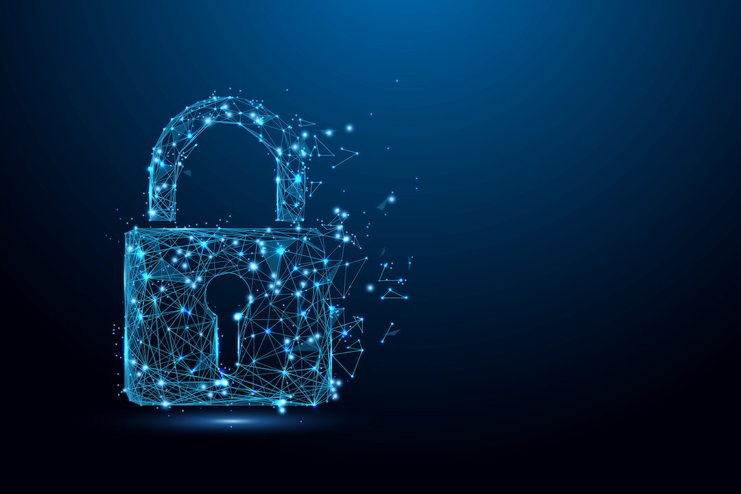 Data Privacy and Security image of a digital blue lock on a dark blue background